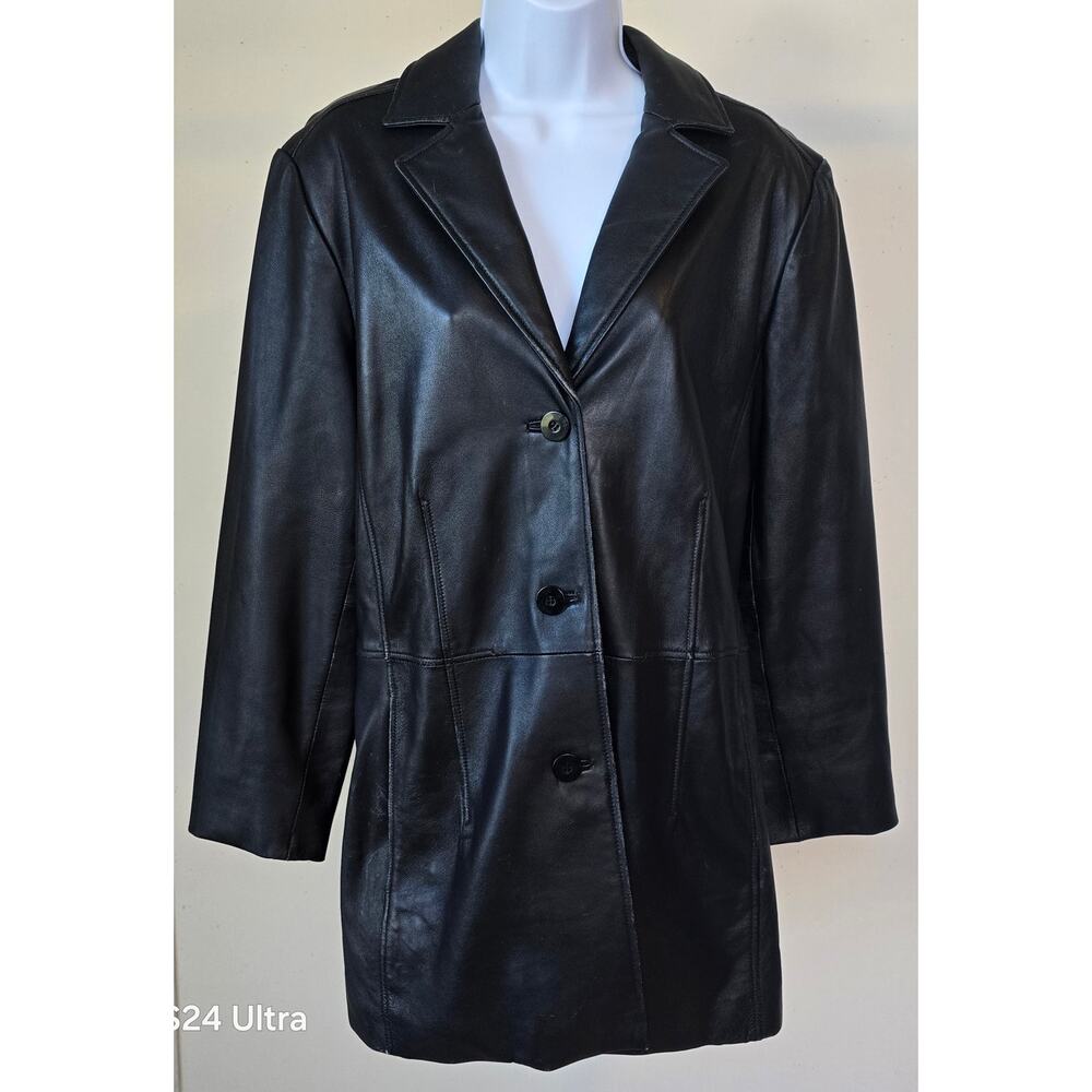Worthington Black Lambskin Jacket Mid Length Coat Pockets Lined Buttoned Women L